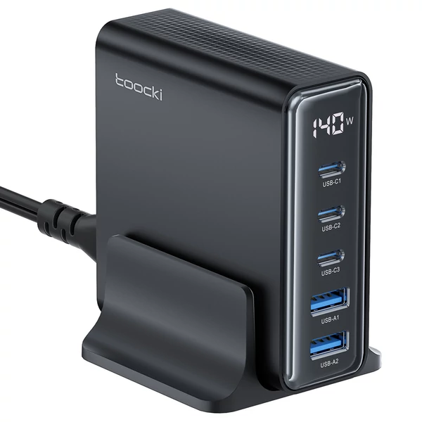 Toocki 140W GaN USB töltő, 5 az 1-ben gyorstöltés, LED kijelző, iPhone/Xiaomi/laptophoz – Fekete