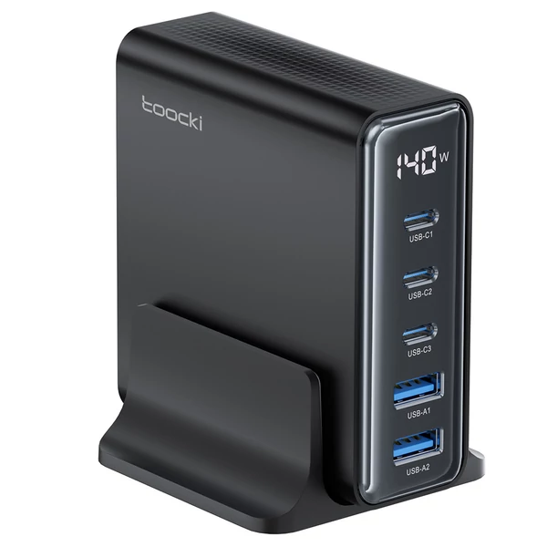 Toocki 140W GaN USB töltő, 5 az 1-ben gyorstöltés, LED kijelző, iPhone/Xiaomi/laptophoz – Fekete