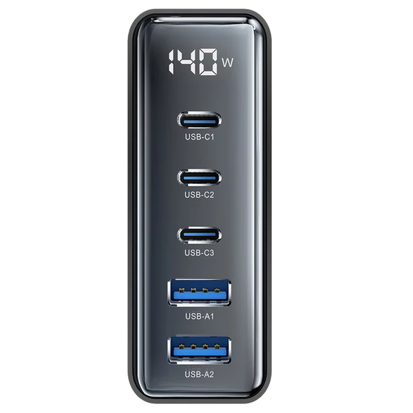 Toocki 140W GaN USB töltő, 5 az 1-ben gyorstöltés, LED kijelző, iPhone/Xiaomi/laptophoz – Fekete