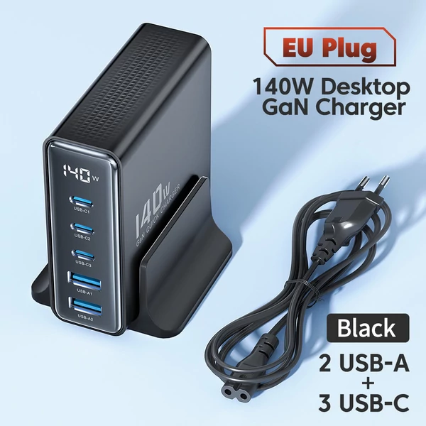 Toocki 140W GaN USB töltő, 5 az 1-ben gyorstöltés, LED kijelző, iPhone/Xiaomi/laptophoz – Fekete