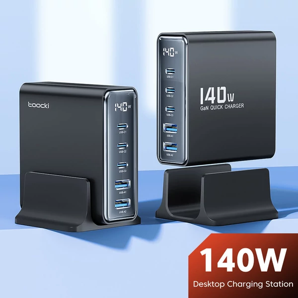 Toocki 140W GaN USB töltő, 5 az 1-ben gyorstöltés, LED kijelző, iPhone/Xiaomi/laptophoz – Fekete