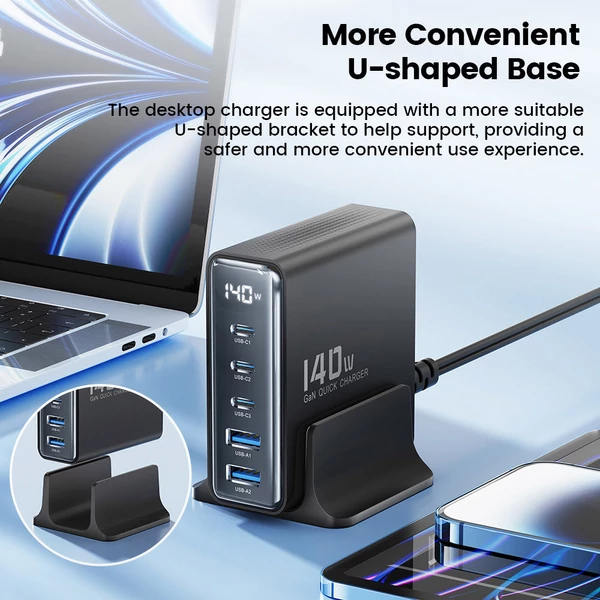 Toocki 140W GaN USB töltő, 5 az 1-ben gyorstöltés, LED kijelző, iPhone/Xiaomi/laptophoz – Fekete