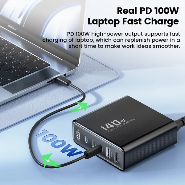 Toocki 140W GaN USB töltő, 5 az 1-ben gyorstöltés, LED kijelző, iPhone/Xiaomi/laptophoz – Fekete