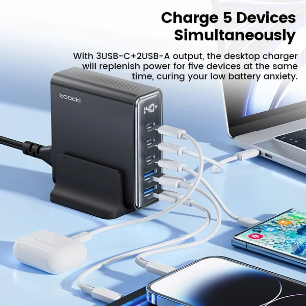 Toocki 140W GaN USB töltő, 5 az 1-ben gyorstöltés, LED kijelző, iPhone/Xiaomi/laptophoz – Fekete