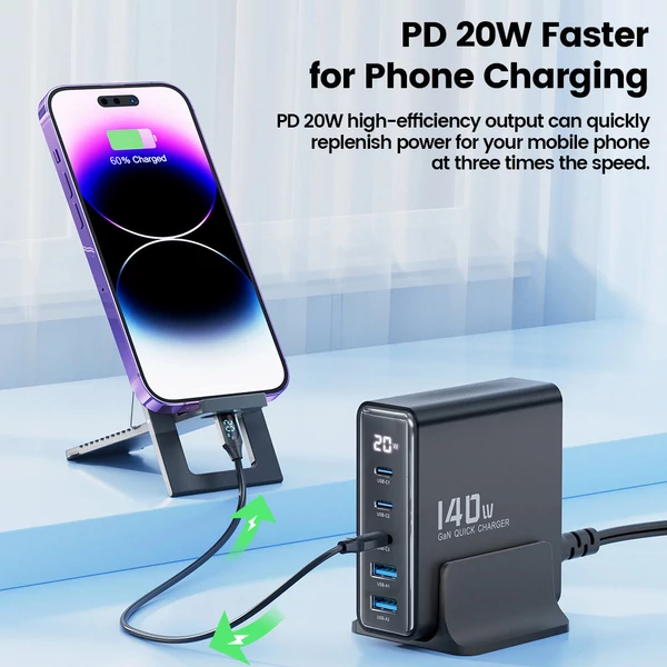 Toocki 140W GaN USB töltő, 5 az 1-ben gyorstöltés, LED kijelző, iPhone/Xiaomi/laptophoz – Fekete