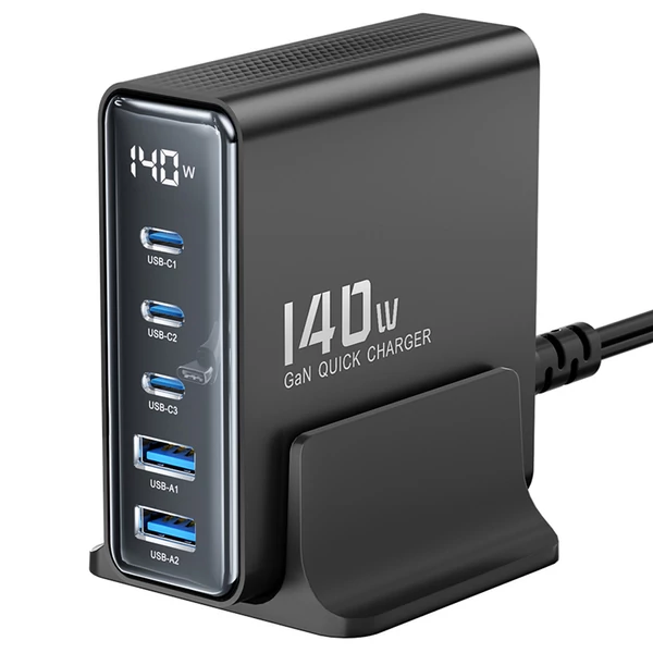Toocki 140W GaN USB töltő, 5 az 1-ben gyorstöltés, LED kijelző, iPhone/Xiaomi/laptophoz – Fekete