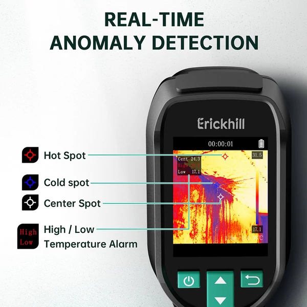 ERICKHILL ETI-01 hőkamera, 240×240 IR, 20Hz, -20°C–550°C, HVAC/légszivárgásmérő, lézeres mutatóval