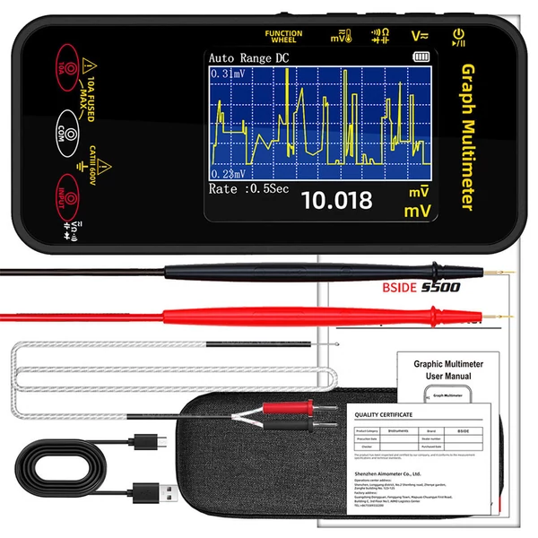 BSIDE S500 grafikus multiméter, 3,2" színes kijelző, 20000 szám, automata, 1200mAh, feszültség-áram mérő