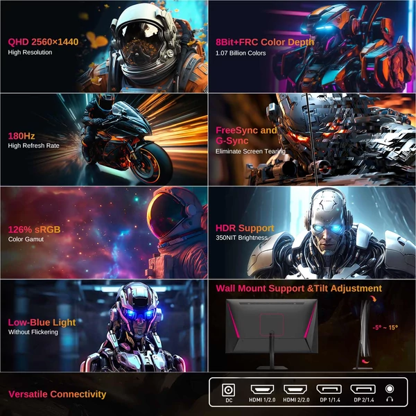 KTC Q24T09 gamer monitor, 24", 2560x1440, 180Hz, IPS, FreeSync/G-Sync, HDR, 126% sRGB, HDMI, DP, fali rögzítés, dönthető