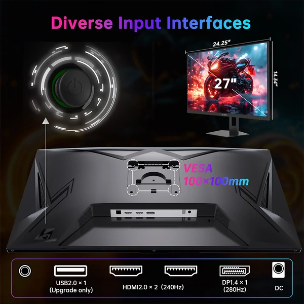 KTC H27E22P 27" FHD gamer monitor, VA panel, 4000:1, 280Hz, 1ms, FreeSync/G-Sync, HDR10, alacsony kékfény, HDMI/DP/USB