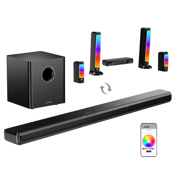 Ultimea Apollo S90 9.1 csatornás soundbar, Dolby Atmos, 470W, RGB, app vezérlés, 121 EQ, Bluetooth 5.3, levehető kialakítás