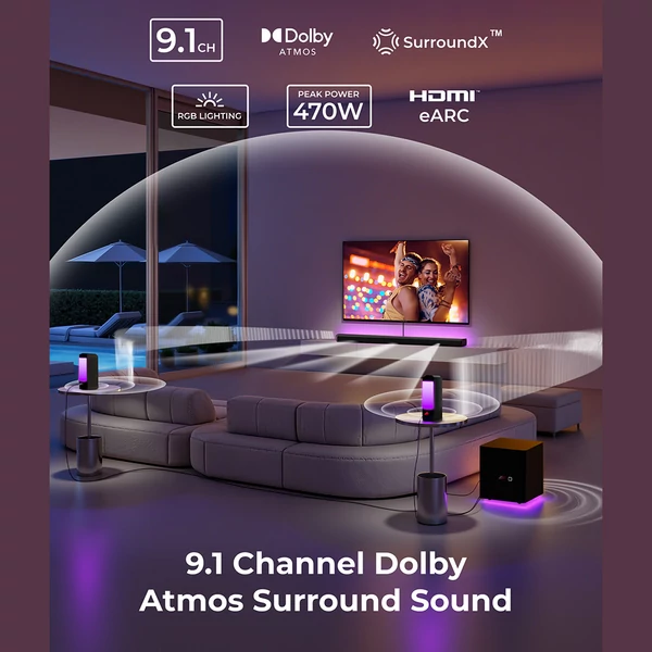 Ultimea Apollo S90 9.1 csatornás soundbar, Dolby Atmos, 470W, RGB, app vezérlés, 121 EQ, Bluetooth 5.3, levehető kialakítás