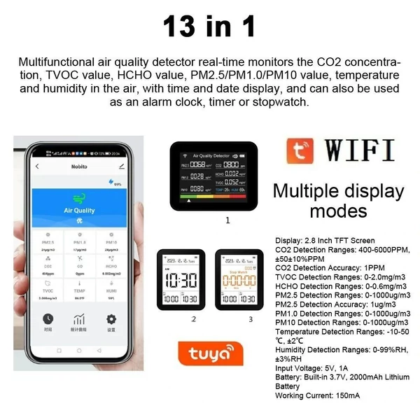 2C08 13 az 1-ben Tuya WIFI levegőminőség-ellenőrző - Fekete