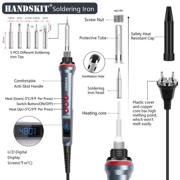 Handskit 927 90W forrasztópáka készlet, állítható 180-480°C, LED kijelző, 5 hegy, ón, állvány