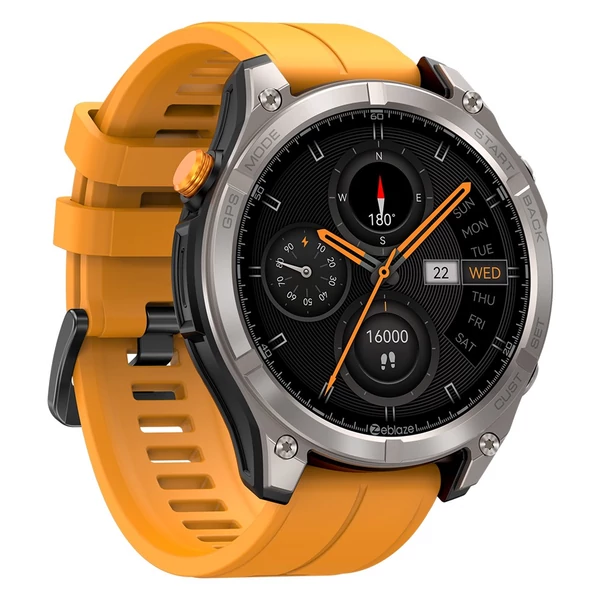 Zeblaze Stratos 4 strapabíró okosóra, 1,43" AMOLED, 6 műholdas GPS, egészségfigyelés, 170+ sportmód, 60 napos üzemidő, BT hívás – Narancs