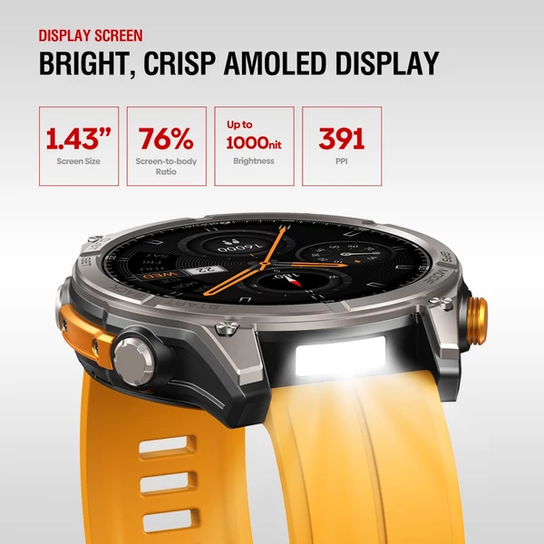 Zeblaze Stratos 4 strapabíró okosóra, 1,43" AMOLED, 6 műholdas GPS, egészségfigyelés, 170+ sportmód, 60 napos üzemidő, BT hívás – Narancs
