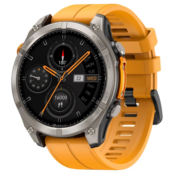 Zeblaze Stratos 4 strapabíró okosóra, 1,43" AMOLED, 6 műholdas GPS, egészségfigyelés, 170+ sportmód, 60 napos üzemidő, BT hívás – Narancs