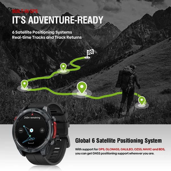 Zeblaze Stratos 4 strapabíró okosóra, 1,43" AMOLED, 6 műholdas GPS, egészségfigyelés, 170+ sportmód, 60 napos üzemidő, BT hívás – Fekete