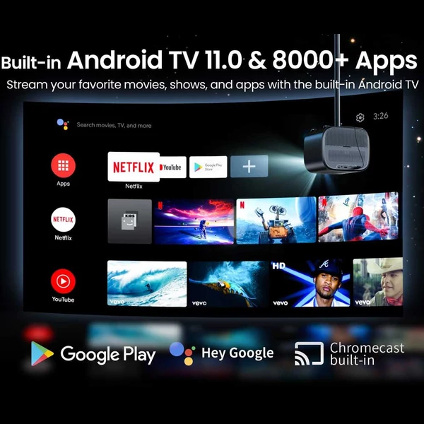 [Netflix & Android TV tanúsított] ETOE E3 Pro projektor, Dolby, natív 1080P, 600 ANSI, Android TV 11, 5G WiFi, 4K, HDMI