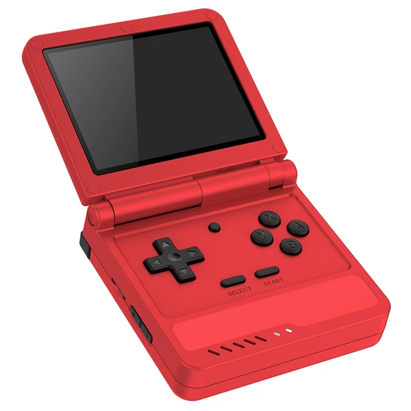 Powkiddy V90S felnyitható kézi konzol, 3,5" IPS, beépített üreges hangszóró, 64GB kártya, hangszóró, 6 óra játék, 20+ emulátor – Piros