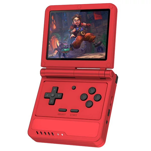 Powkiddy V90S felnyitható kézi konzol, 3,5" IPS, beépített üreges hangszóró, hangszóró, 6 óra játék, 20+ emulátor – Piros