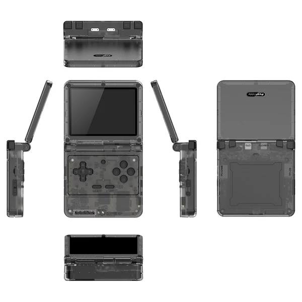 Powkiddy V90S felnyitható kézi konzol, 3,5" IPS, beépített üreges hangszóró, 64GB kártya, hangszóró, 6 óra játék, 20+ emulátor – Fekete