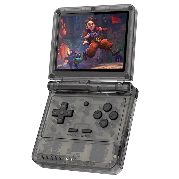 Powkiddy V90S felnyitható kézi konzol, 3,5" IPS, beépített üreges hangszóró, 64GB kártya, hangszóró, 6 óra játék, 20+ emulátor – Fekete