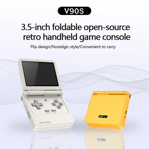Powkiddy V90S felnyitható kézi konzol, 3,5" IPS, beépített üreges hangszóró, hangszóró, 6 óra játék, 20+ emulátor – Fekete