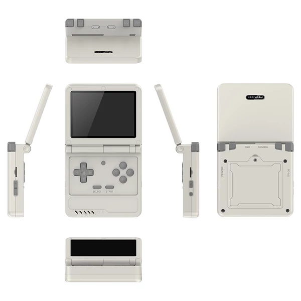 Powkiddy V90S felnyitható kézi konzol, 3,5" IPS, beépített üreges hangszóró, 128GB kártya, hangszóró, 6 óra játék, 20+ emulátor – Szürke