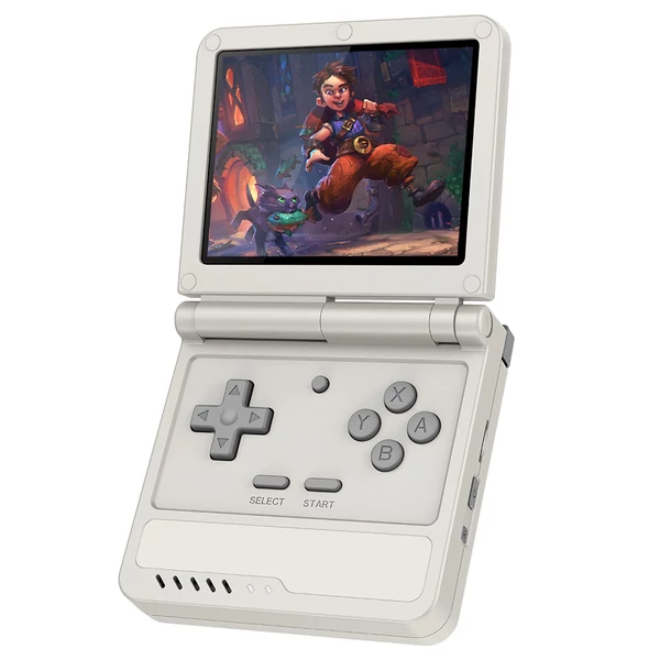 Powkiddy V90S felnyitható kézi konzol, 3,5" IPS, beépített üreges hangszóró, 128GB kártya, hangszóró, 6 óra játék, 20+ emulátor – Szürke