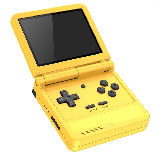 Powkiddy V90S felnyitható kézi konzol, 3,5" IPS, beépített üreges hangszóró, 64GB kártya, hangszóró, 6 óra játék, 20+ emulátor – Sárga