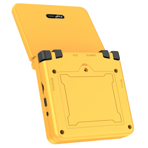 Powkiddy V90S felnyitható kézi konzol, 3,5" IPS, beépített üreges hangszóró, 64GB kártya, hangszóró, 6 óra játék, 20+ emulátor – Sárga