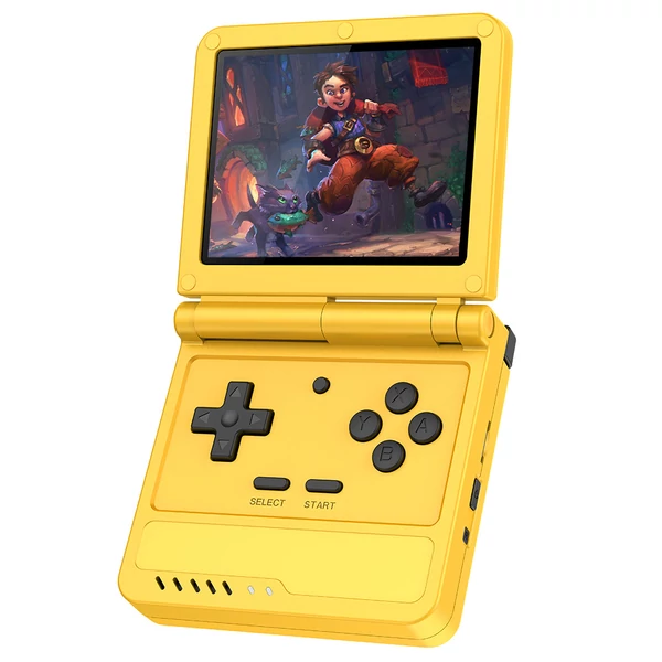 Powkiddy V90S felnyitható kézi konzol, 3,5" IPS, beépített üreges hangszóró, 64GB kártya, hangszóró, 6 óra játék, 20+ emulátor – Sárga