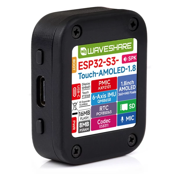Waveshare ESP32-S3 1,8" AMOLED fejlesztőpanel, érintőkijelző, gyorsulásmérő, giroszkóp - Akkumulátorral