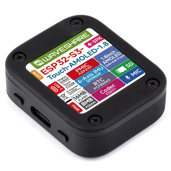 Waveshare ESP32-S3 1,8" AMOLED fejlesztőpanel, érintőkijelző, gyorsulásmérő, giroszkóp - Akkumulátorral