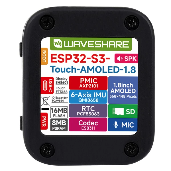 Waveshare ESP32-S3 1,8" AMOLED fejlesztőpanel, érintőkijelző, gyorsulásmérő, giroszkóp - Akkumulátorral