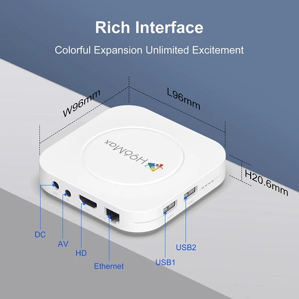 H96 Max M1 Plus Android 14 TV Box, RK3528, 4GB RAM, 128GB ROM, 8K UHD, WiFi 6, Bluetooth 5.4, 2×USB2.0, HDMI, Ethernet