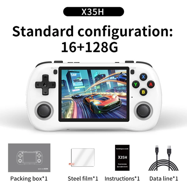 Powkiddy X35H kézikonzol, 3,5" IPS kijelző, 16+128GB TF kártya, Linux, 6 óra játékidő, HDMI - Fehér
