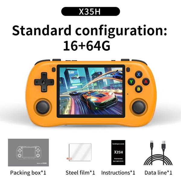 Powkiddy X35H kézikonzol, 3,5" IPS kijelző, 16+64GB TF kártya, Linux, 6 óra játékidő, HDMI -Narancs