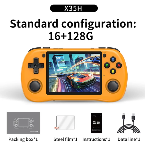 Powkiddy X35H kézikonzol, 3,5" IPS kijelző, 16+128GB TF kártya, Linux, 6 óra játékidő, HDMI - Narancs