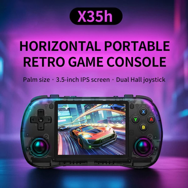 Powkiddy X35H kézikonzol, 3,5" IPS kijelző, 16+128GB TF kártya, Linux, 6 óra játékidő, HDMI - Narancs