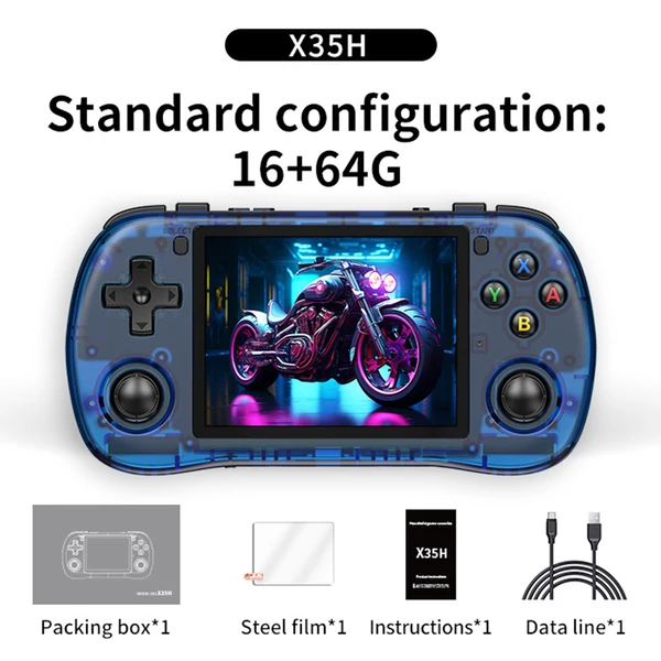 Powkiddy X35H kézikonzol, 3,5" IPS kijelző, 16+64GB TF kártya, Linux, 6 óra játékidő, HDMI - Kék