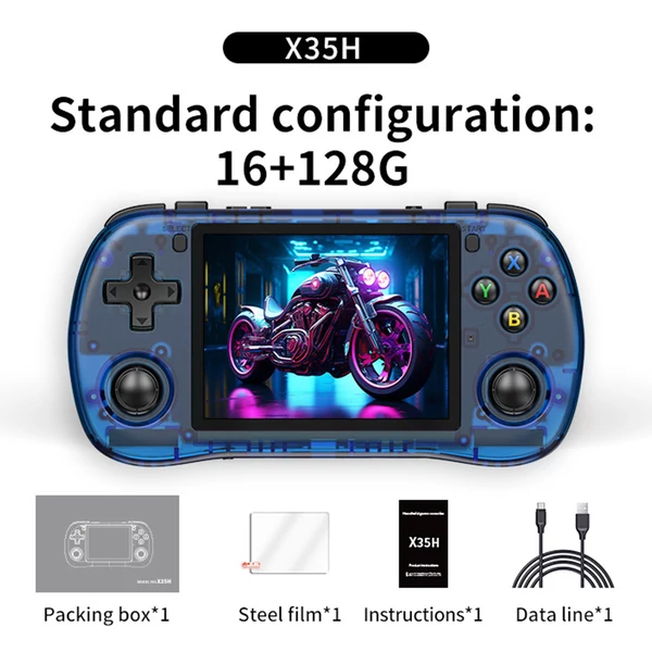 Powkiddy X35H kézikonzol, 3,5" IPS kijelző, 16+128GB TF kártya, Linux, 6 óra játékidő, HDMI - Kék