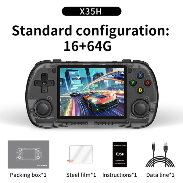 Powkiddy X35H kézikonzol, 3,5" IPS kijelző, 16+64GB TF kártya, Linux, 6 óra játékidő, HDMI - Fekete