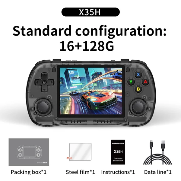 Powkiddy X35H kézikonzol, 3,5" IPS kijelző, 16+128GB TF kártya, Linux, 6 óra játékidő, HDMI - Fekete