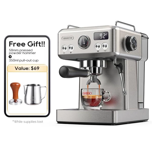HiBREW H10A kávégép, 20 bar nyomás, állítható hőfok és csészeméret, 58mm portafilter, 1,8L víztartály - Ezüst