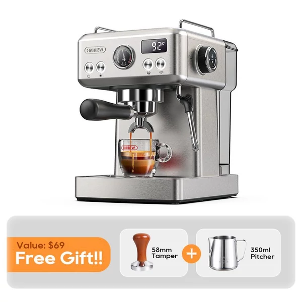 HiBREW H10A kávégép, 20 bar nyomás, állítható hőfok és csészeméret, 58mm portafilter, 1,8L víztartály - Ezüst