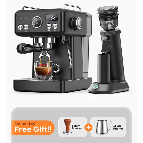 HiBREW H10A kávégép, 20 bar nyomás, állítható hőfok és csészeméret, 58mm portafilter, 1,8L víztartály - Fekete