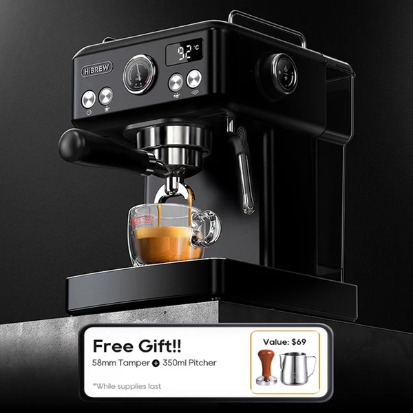 HiBREW H10A kávégép, 20 bar nyomás, állítható hőfok és csészeméret, 58mm portafilter, 1,8L víztartály - Fekete