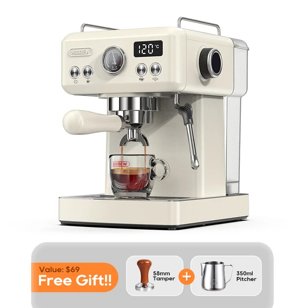 HiBREW H10A kávégép, 20 bar nyomás, állítható hőfok és csészeméret, 58mm portafilter, 1,8L víztartály - Bézs